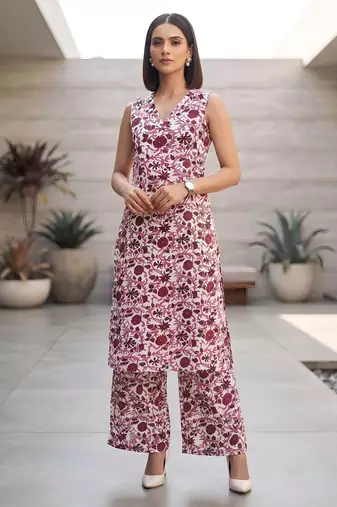 White & wine printed co-ord set for women