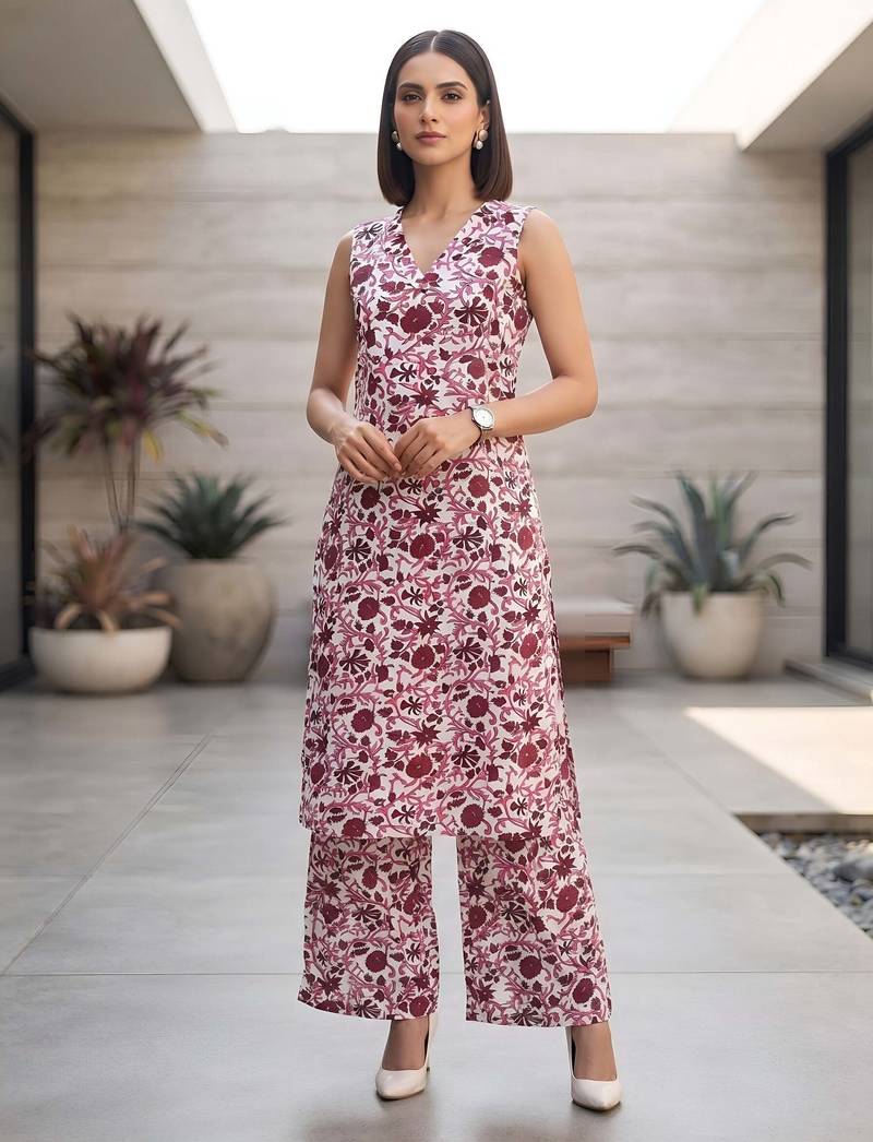 White & wine printed co-ord set for women