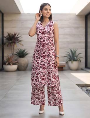 White & wine printed co-ord set for women 3