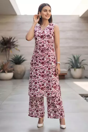 White & wine printed co-ord set for women