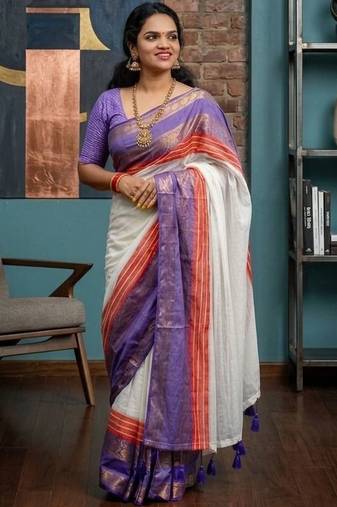Off white zari pure cotton khadi saree