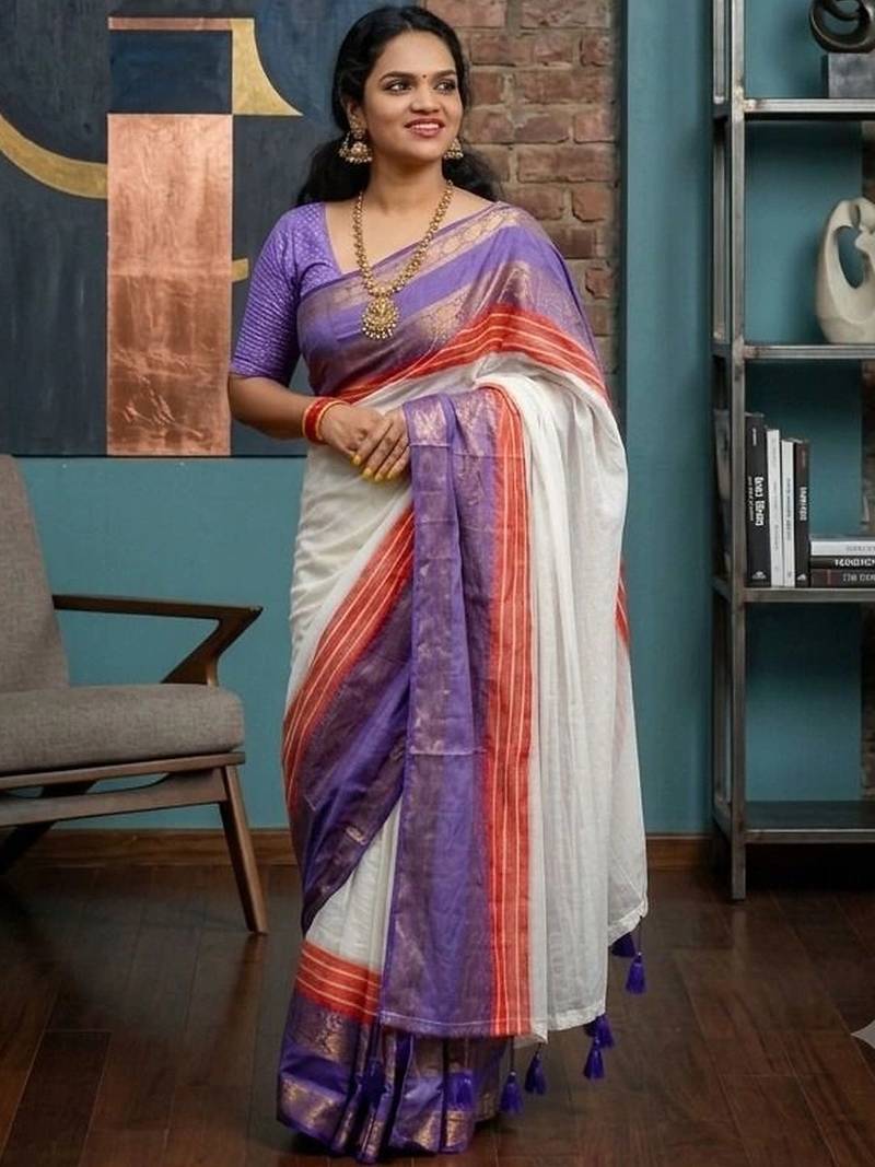Off white zari pure cotton khadi saree