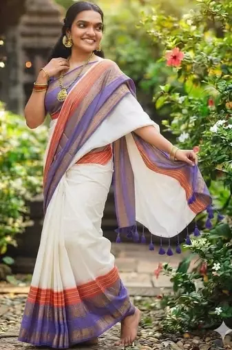 Off white zari pure cotton khadi saree