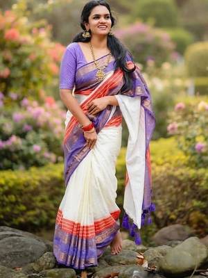 Off white zari pure cotton khadi saree 4