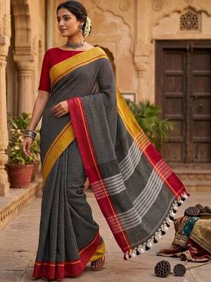 Charcoal pure cotton khadi saree 1