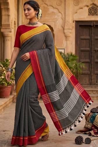Charcoal pure cotton khadi saree