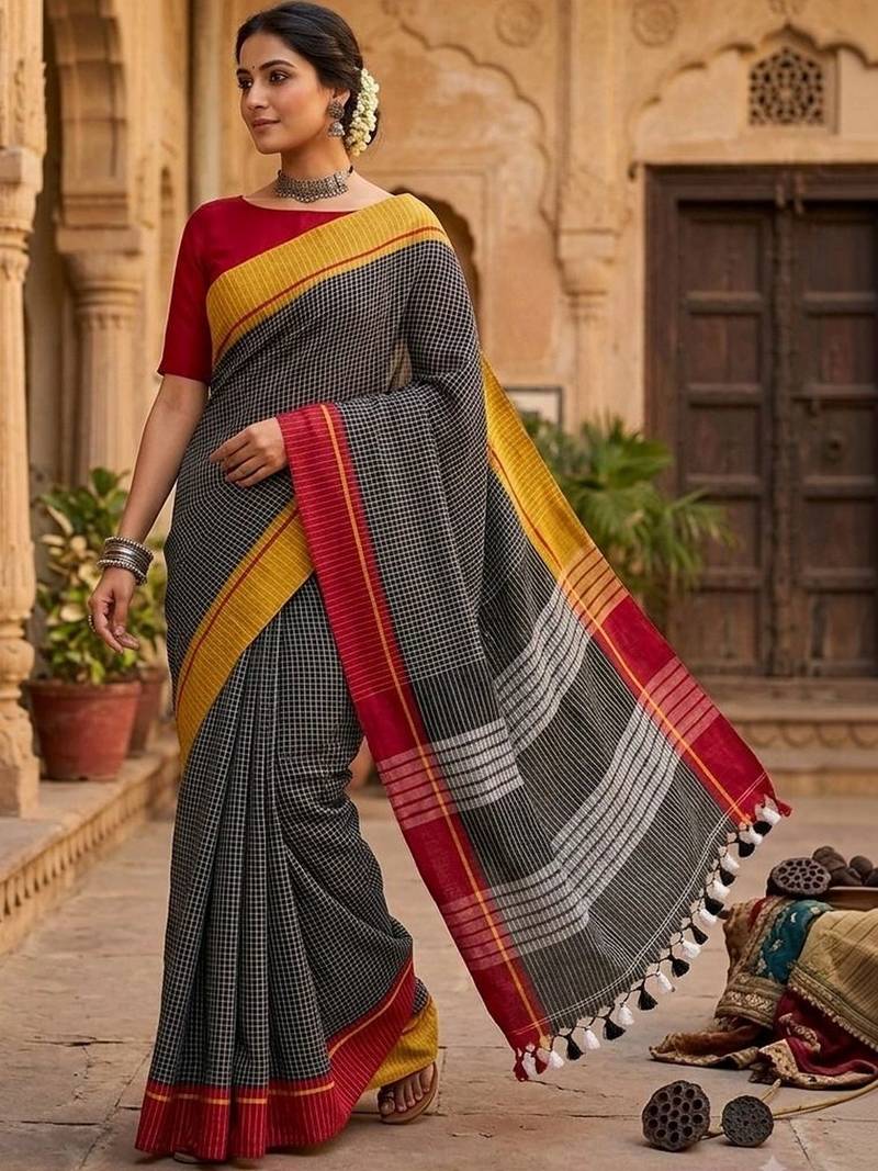 Charcoal pure cotton khadi saree