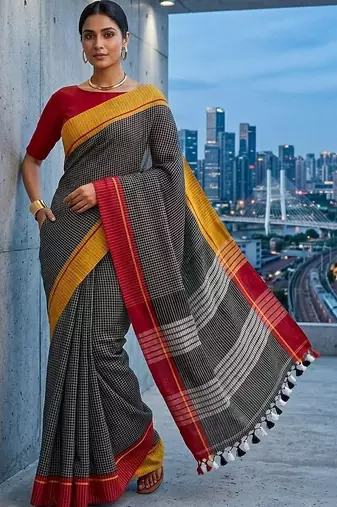 Charcoal pure cotton khadi saree