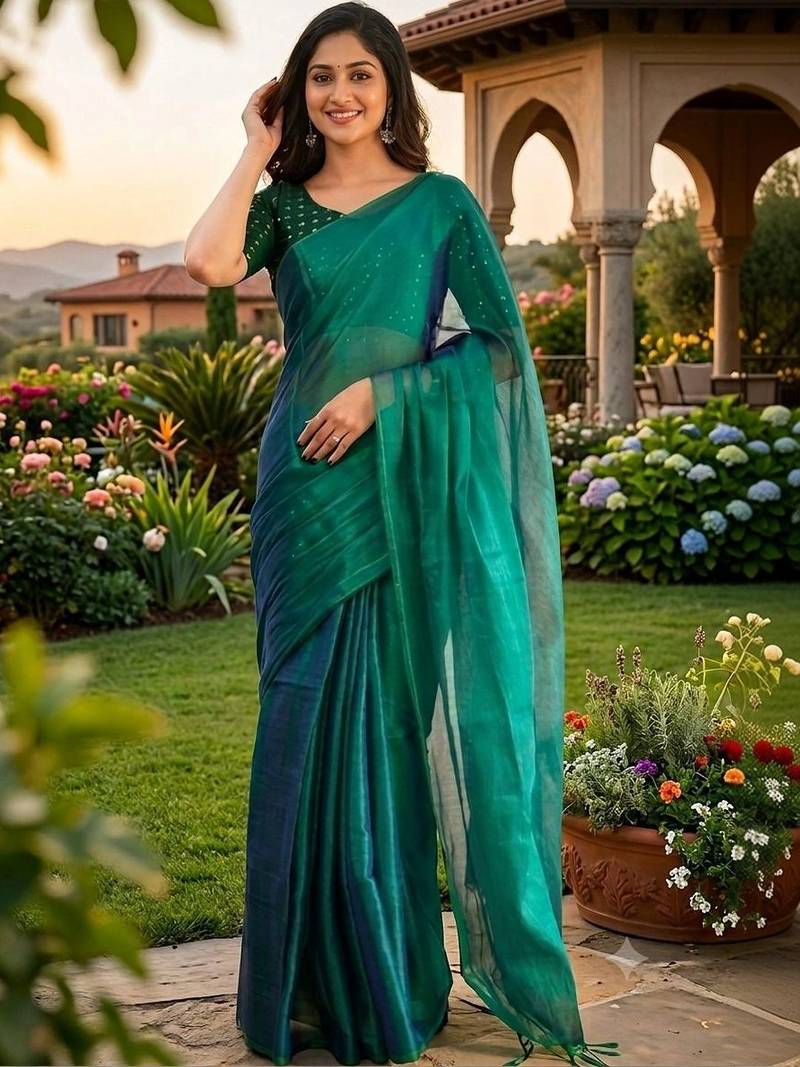 Teal tissue saree
