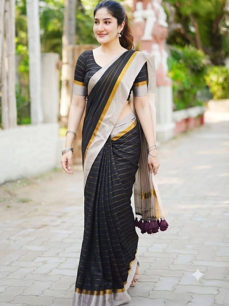 Black striped pure cotton khadi saree