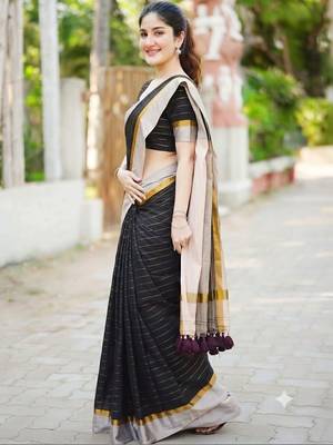 Black striped pure cotton khadi saree 3