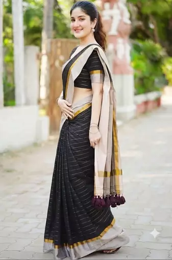 Black striped pure cotton khadi saree