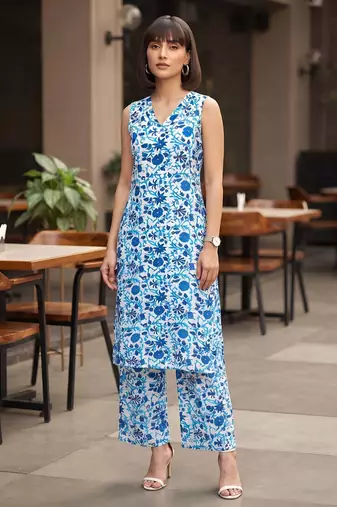 Blue printed co-ord set for women