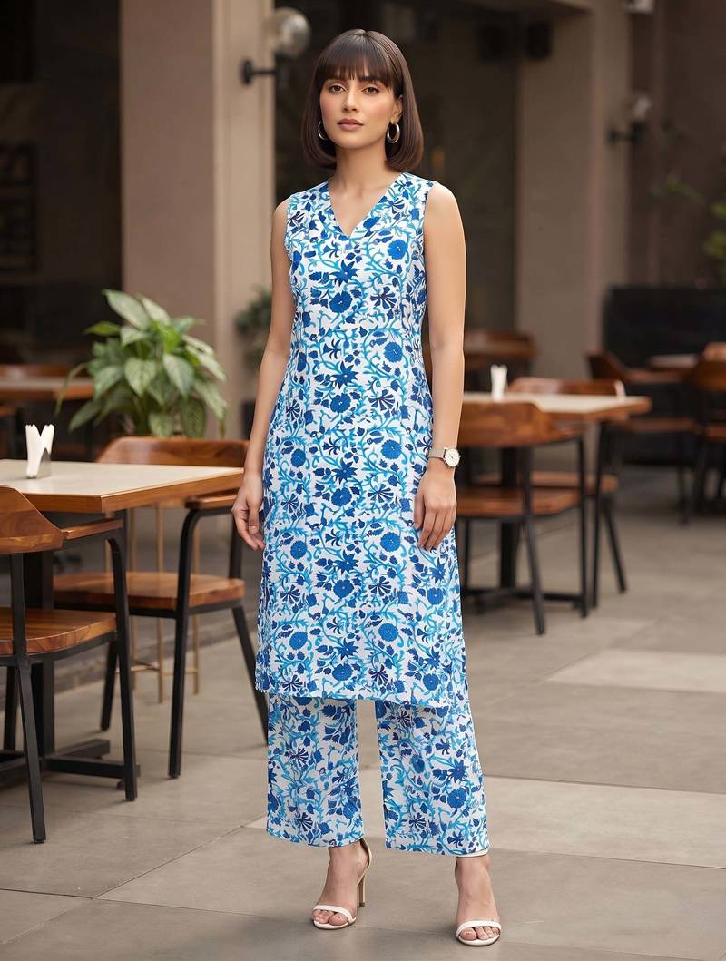 Blue printed co-ord set for women