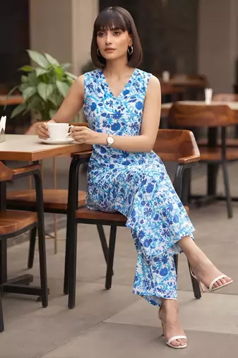 Blue printed co-ord set for women
