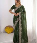 Green embellished embroidered poly georgette heavy work saree