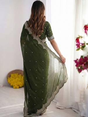 Green embellished embroidered poly georgette heavy work saree 2