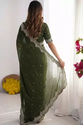 Green embellished embroidered poly georgette heavy work saree