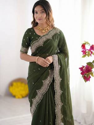 Green embellished embroidered poly georgette heavy work saree 3