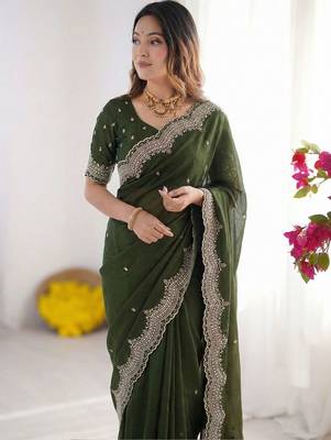 Green embellished embroidered poly georgette heavy work saree 4