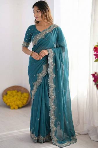 Teal embroidered poly georgette designer saree
