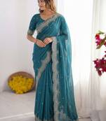 Teal embroidered poly georgette designer saree