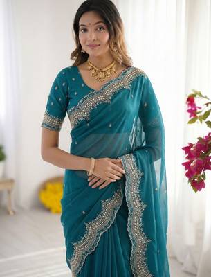Teal embroidered poly georgette designer saree 3