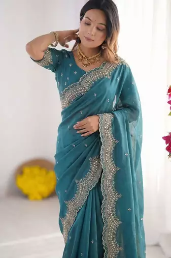 Teal embroidered poly georgette designer saree