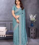 Blue embellished sequinned heavy work saree