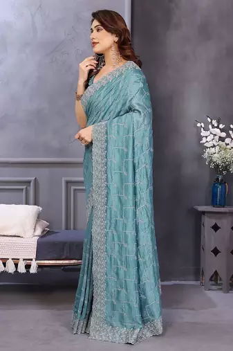 Blue embellished sequinned heavy work saree