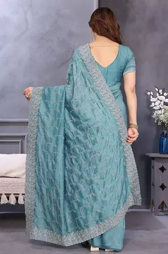 Blue embellished sequinned heavy work saree