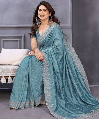 Blue embellished sequinned heavy work saree 4