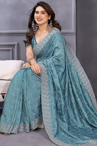 Blue embellished sequinned heavy work saree