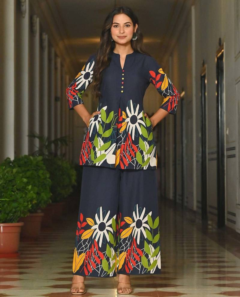 Blue floral printed co-ord set for women