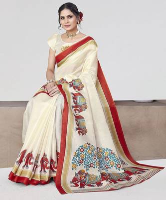 Red ethnic motifs art silk saree 4