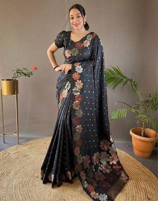 Black woven design zari silk cotton banarasi saree 1