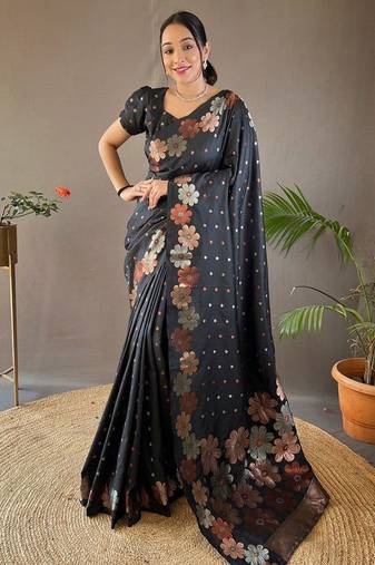 Black woven design zari silk cotton banarasi saree