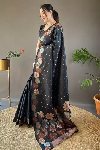 Black woven design zari silk cotton banarasi saree