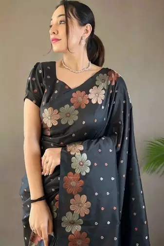 Black woven design zari silk cotton banarasi saree