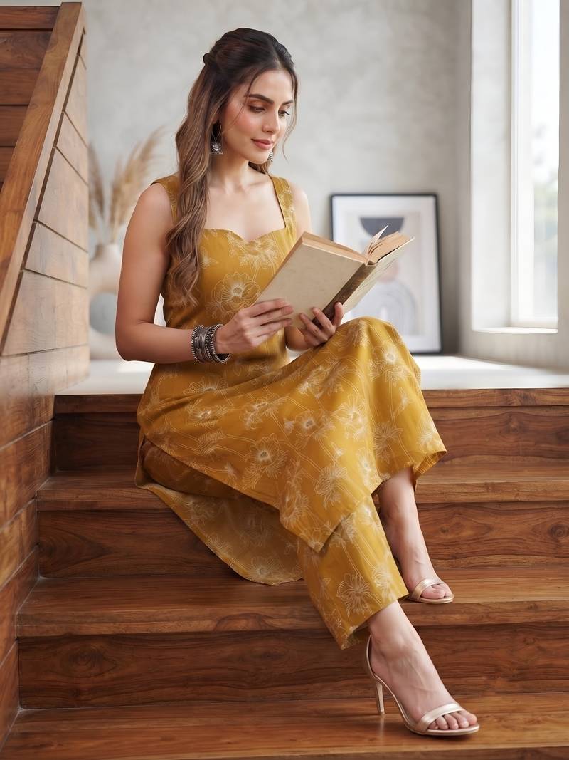 Mustard printed co-ord set for women