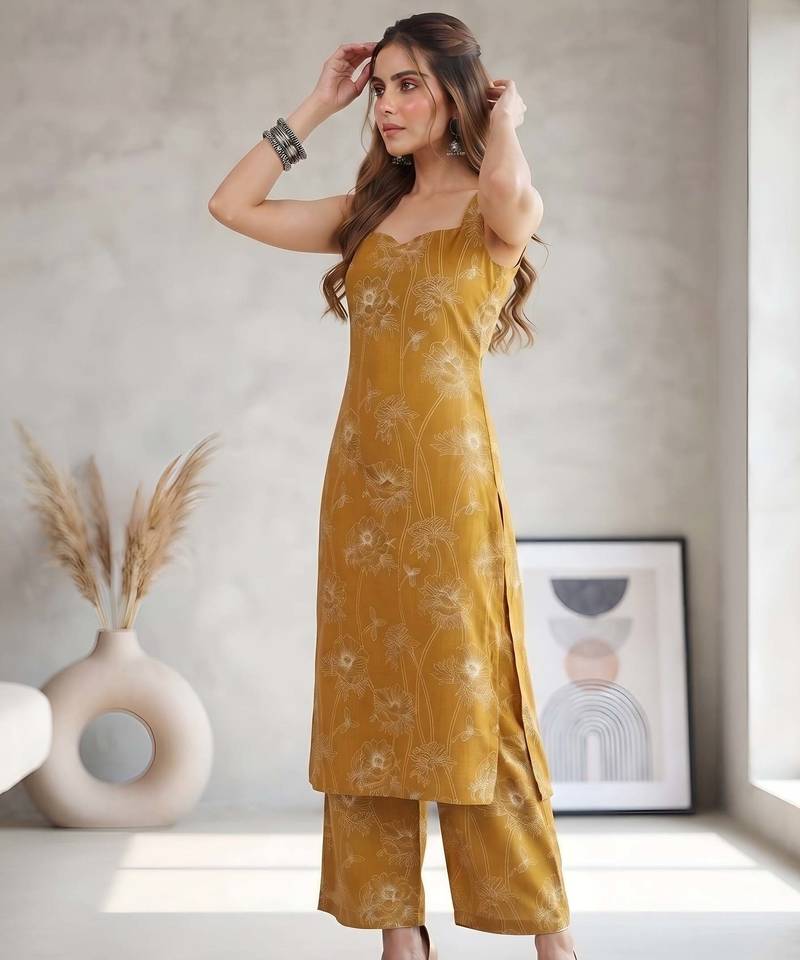 Mustard printed co-ord set for women
