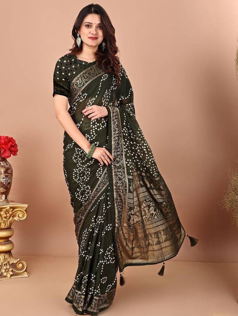 Green bandhani printed chiffon saree