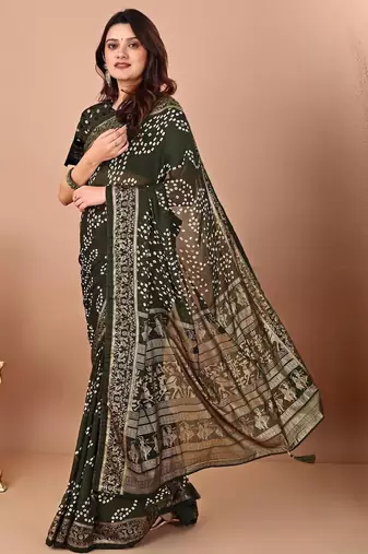 Green bandhani printed chiffon saree