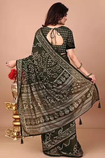 Green bandhani printed chiffon saree