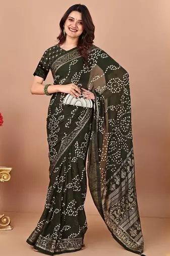 Green bandhani printed chiffon saree
