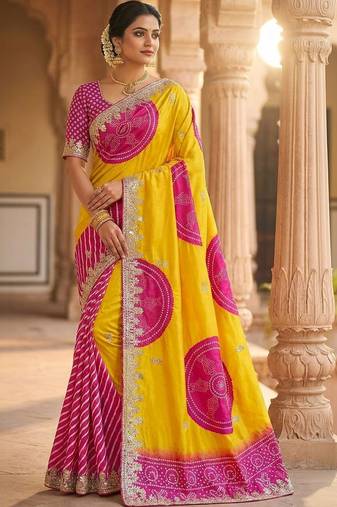 Multicolor bandhani zari silk blend designer saree