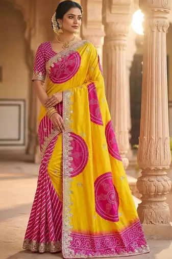Multicolor bandhani zari silk blend designer saree