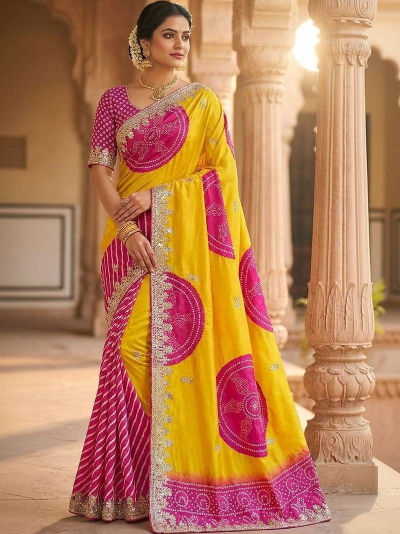 Multicolor bandhani zari silk blend designer saree