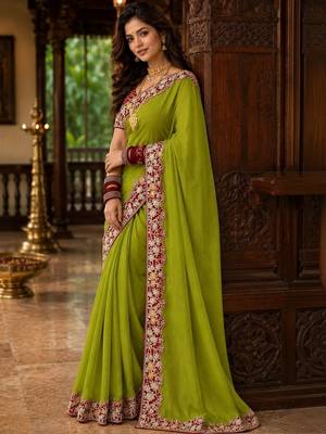 Lime floral embroidered poly chiffon saree 1