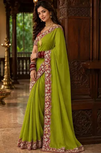 Lime floral embroidered poly chiffon saree